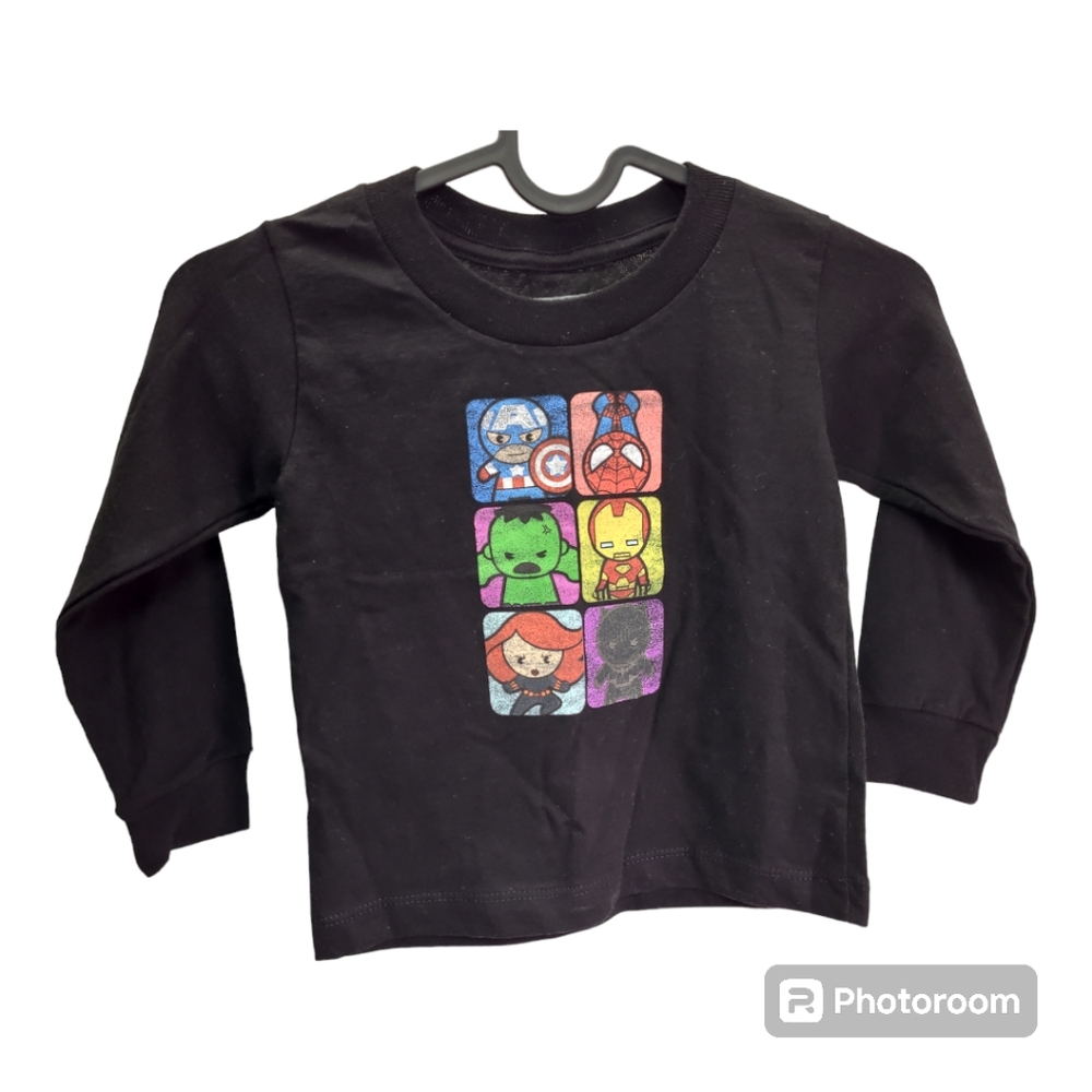 Marvel Kawaii Chibi Heroes Faces Toddler Kids Black Long Sleeve Shirt Size 3T